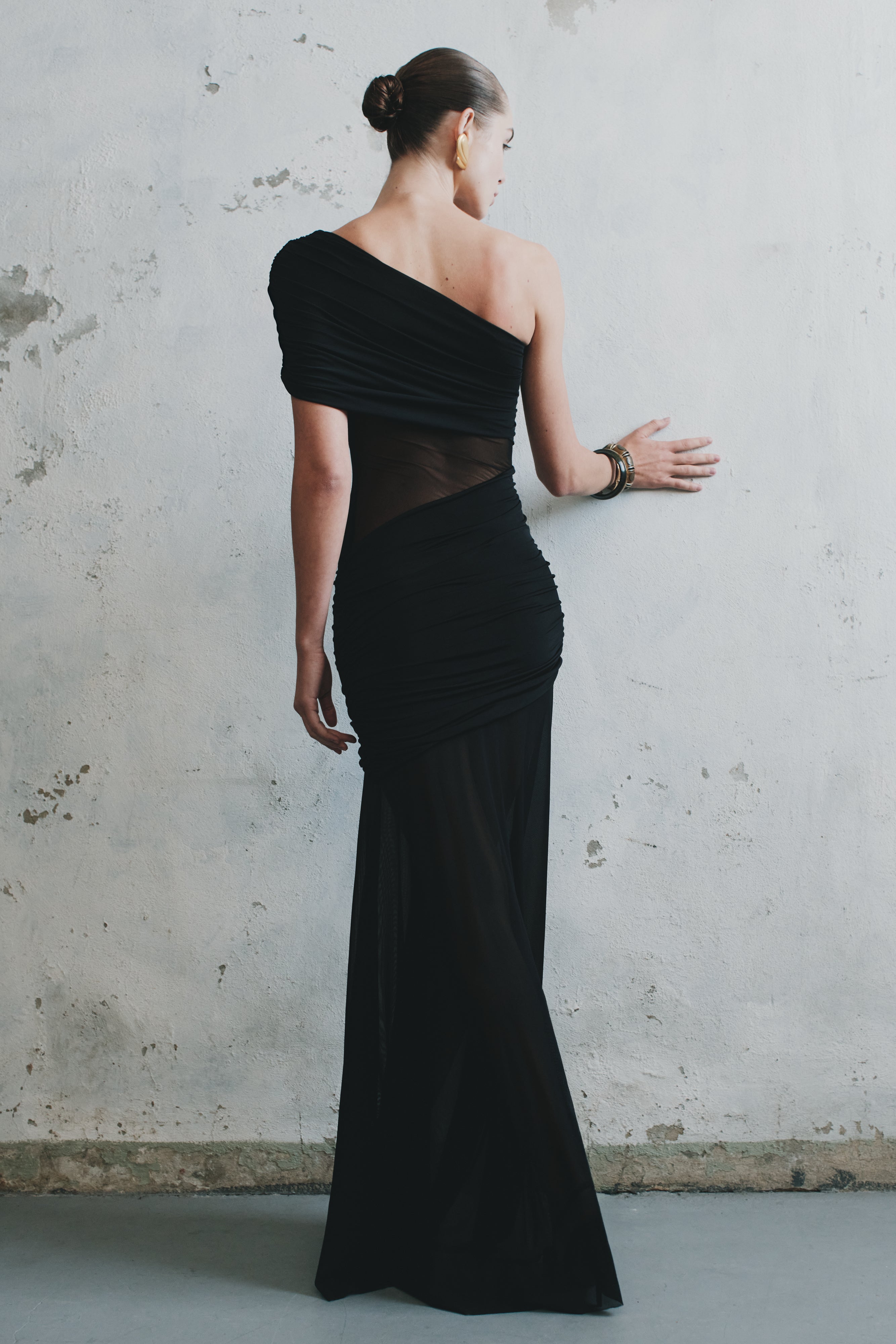 Dallas One Shoulder Mesh Maxi Dress - Black