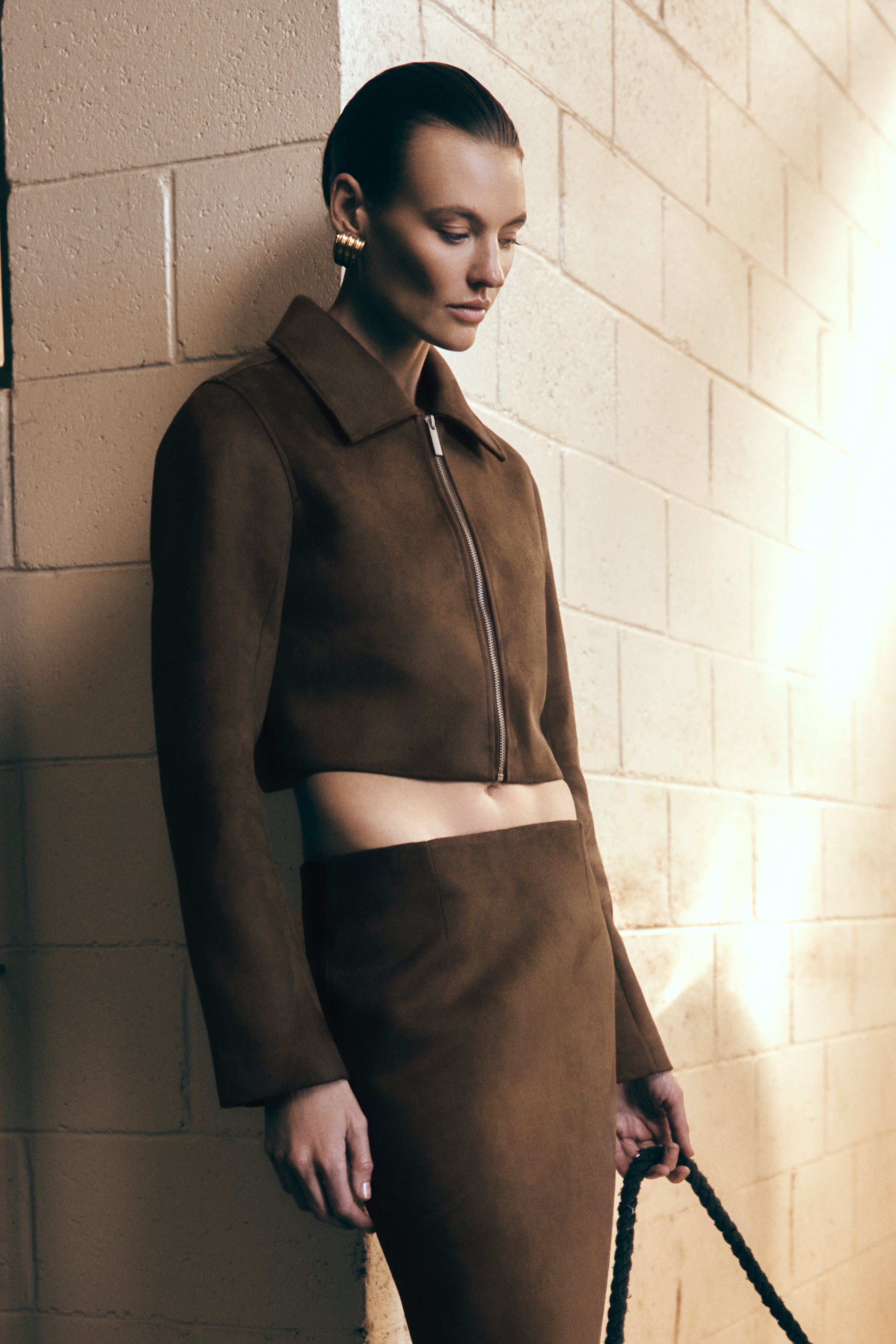 Hayes Faux Suede Collared Jacket - Chocolate