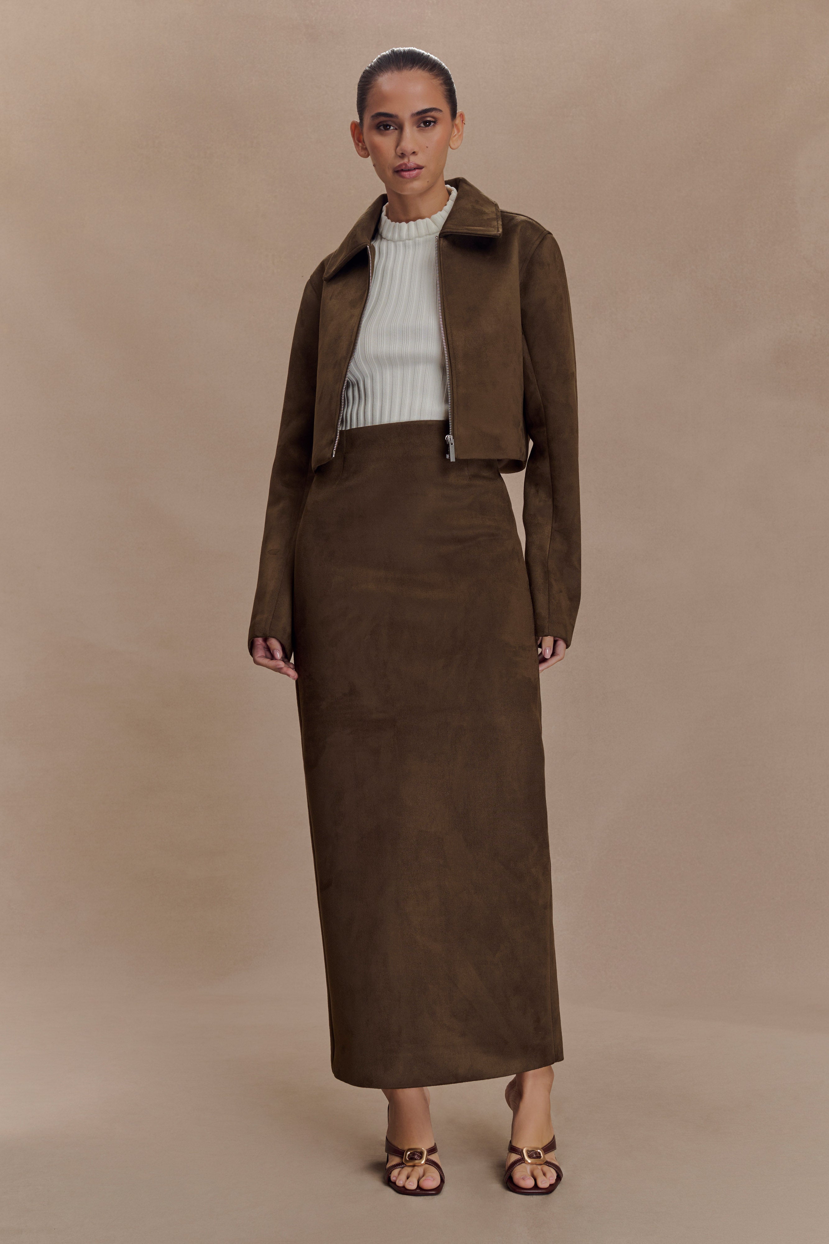 Hayes Faux Suede Collared Jacket - Chocolate