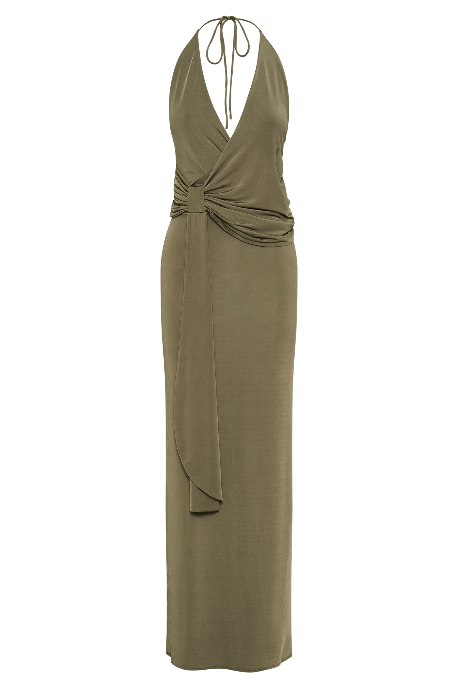 Tyla Draped Slinky Halter Maxi Dress - Dark Olive