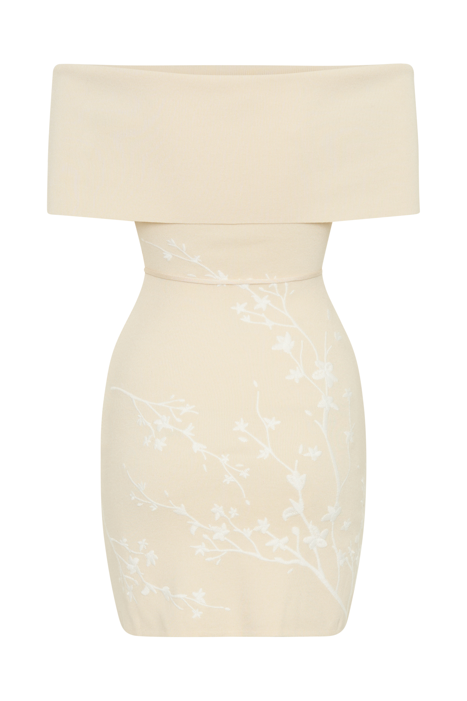 Mallory Off Shoulder Embroidered Knit Mini Dress - Cream And Ivory