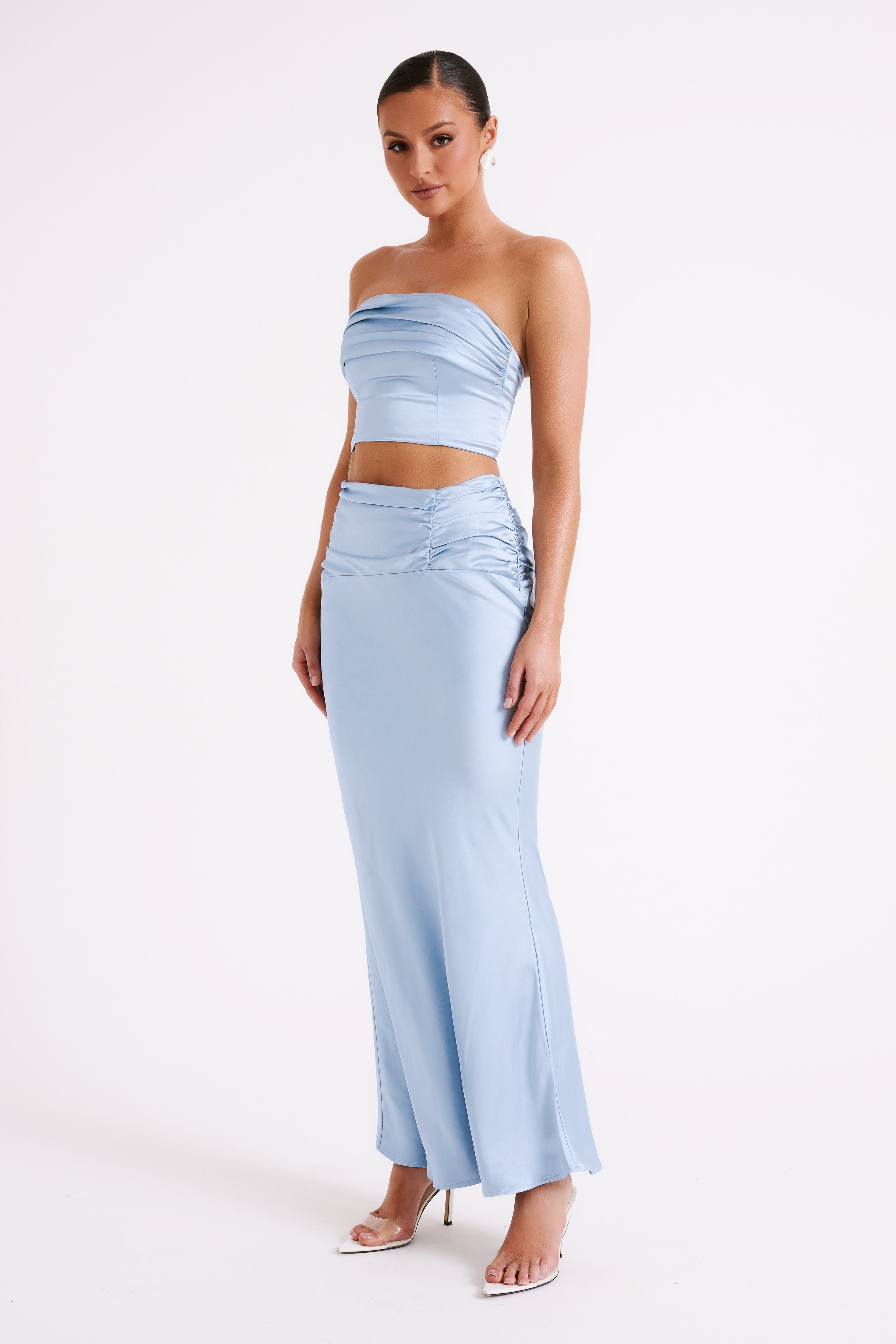 Khalani Ruched Strapless Satin Top - Ice Blue