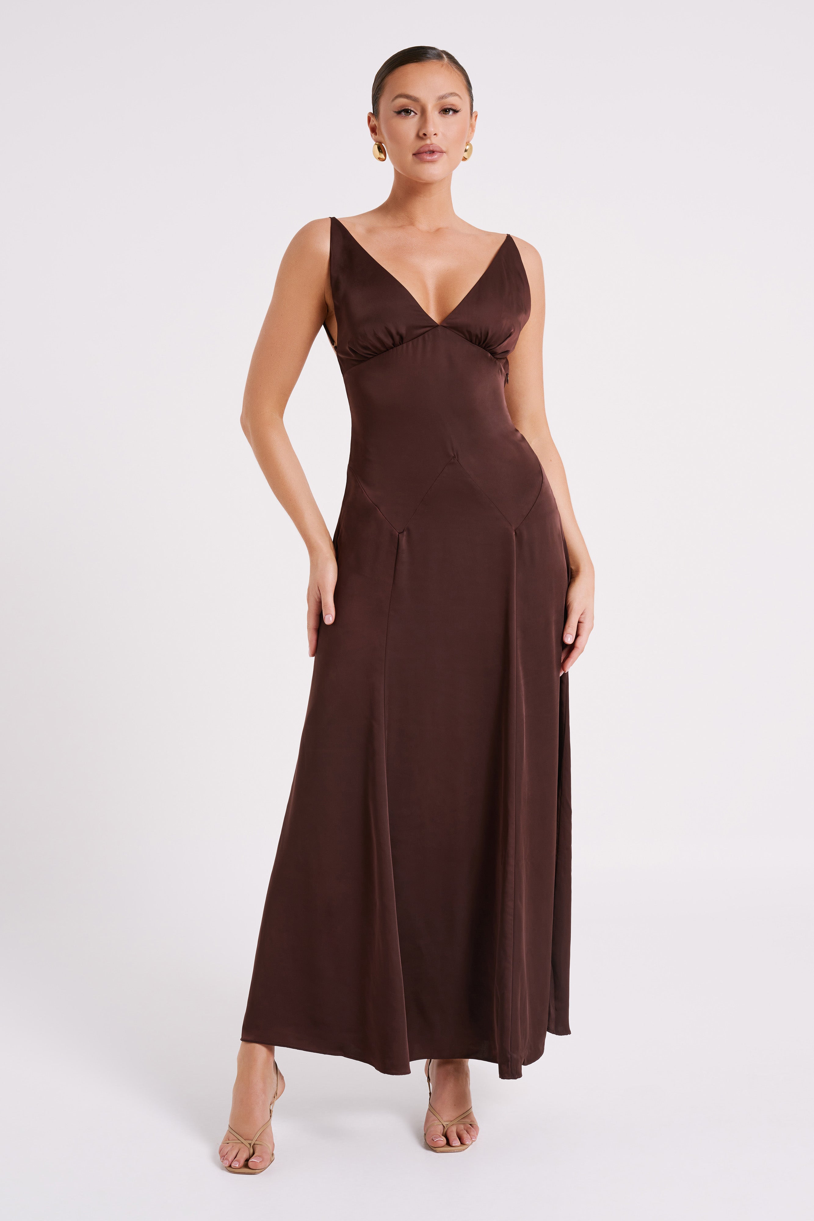 Kamala Low Back Satin Maxi Dress - Dark Chocolate