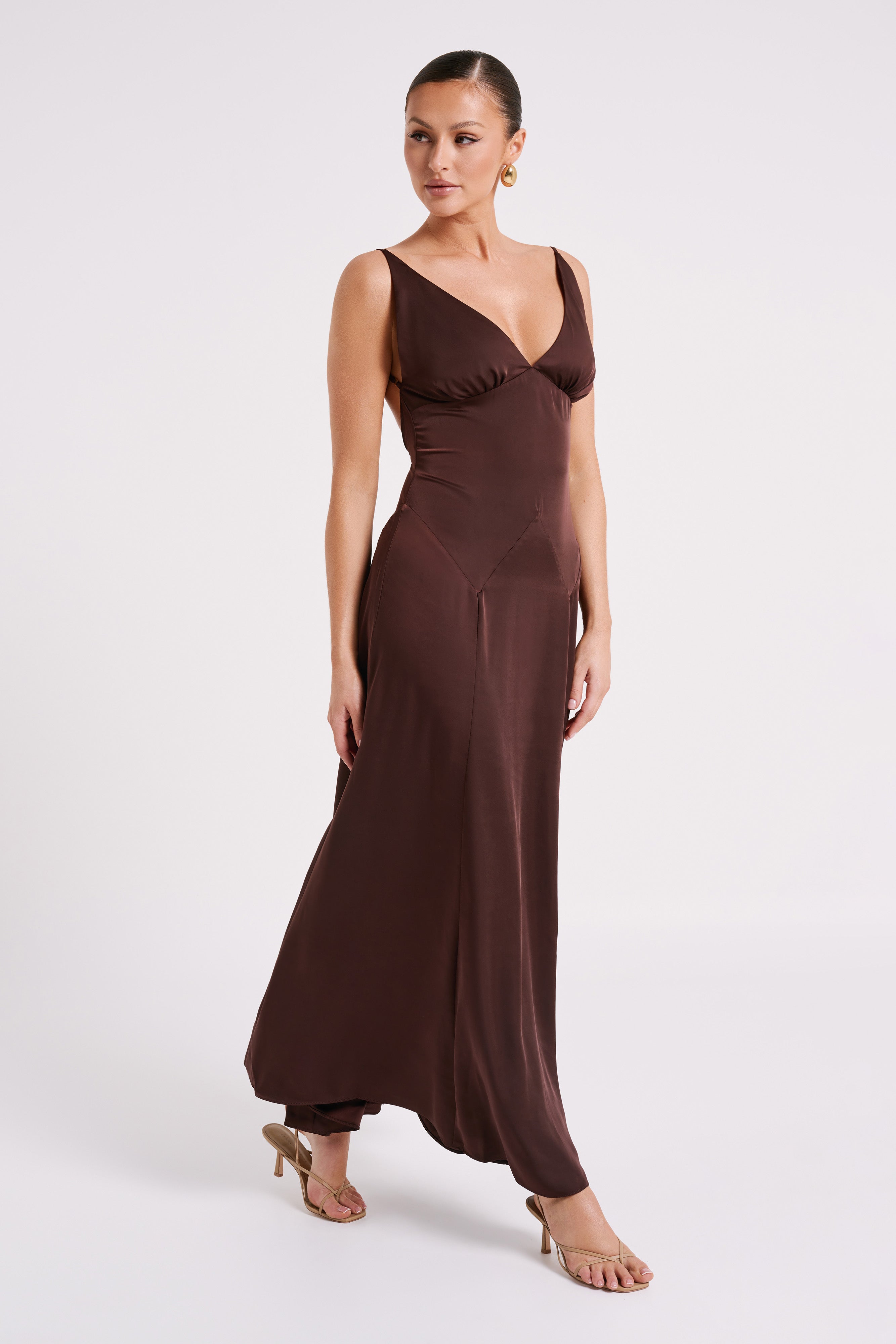 Kamala Low Back Satin Maxi Dress - Dark Chocolate