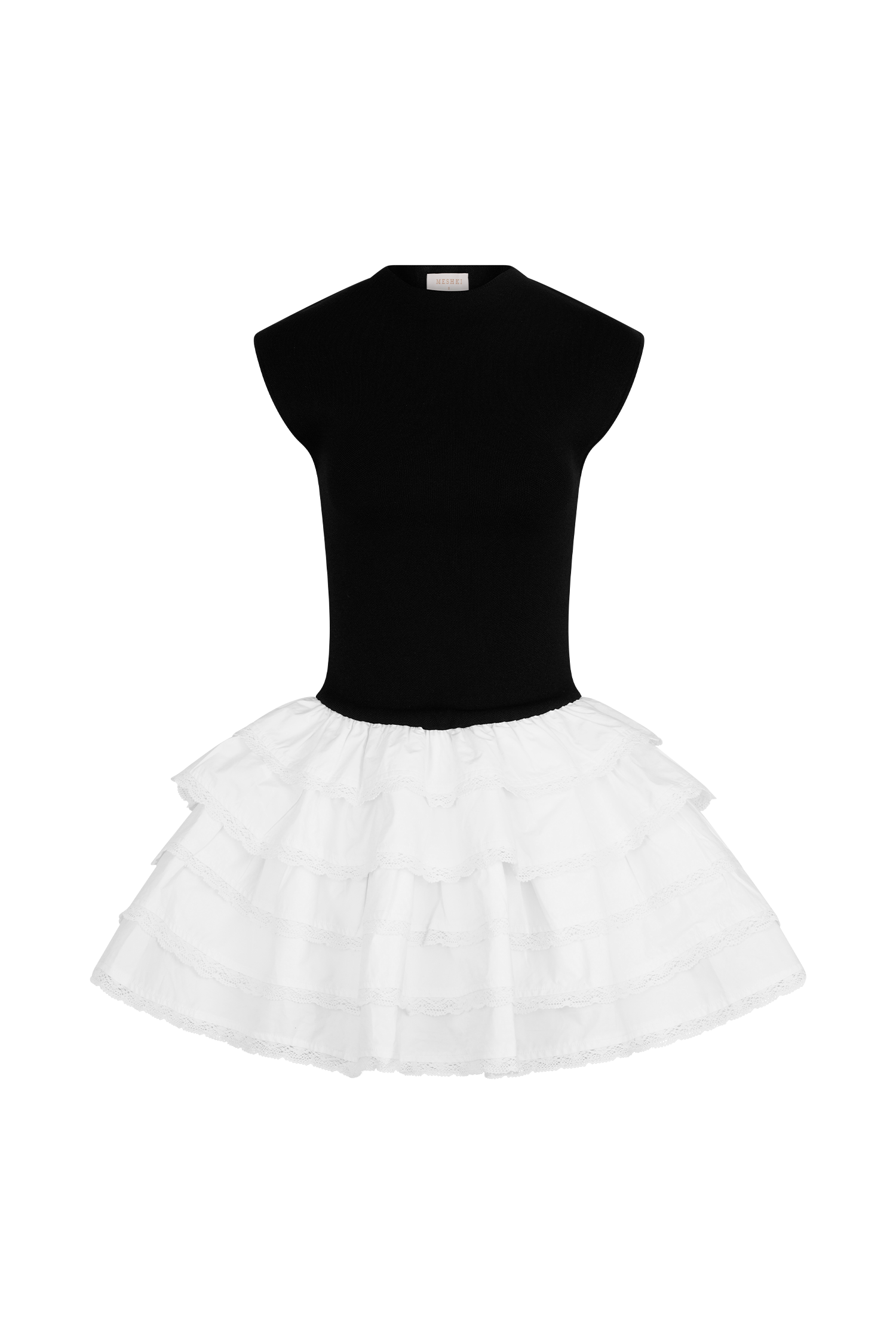 Maeve Contrast Ruffle Knit Mini Dress - Black/White