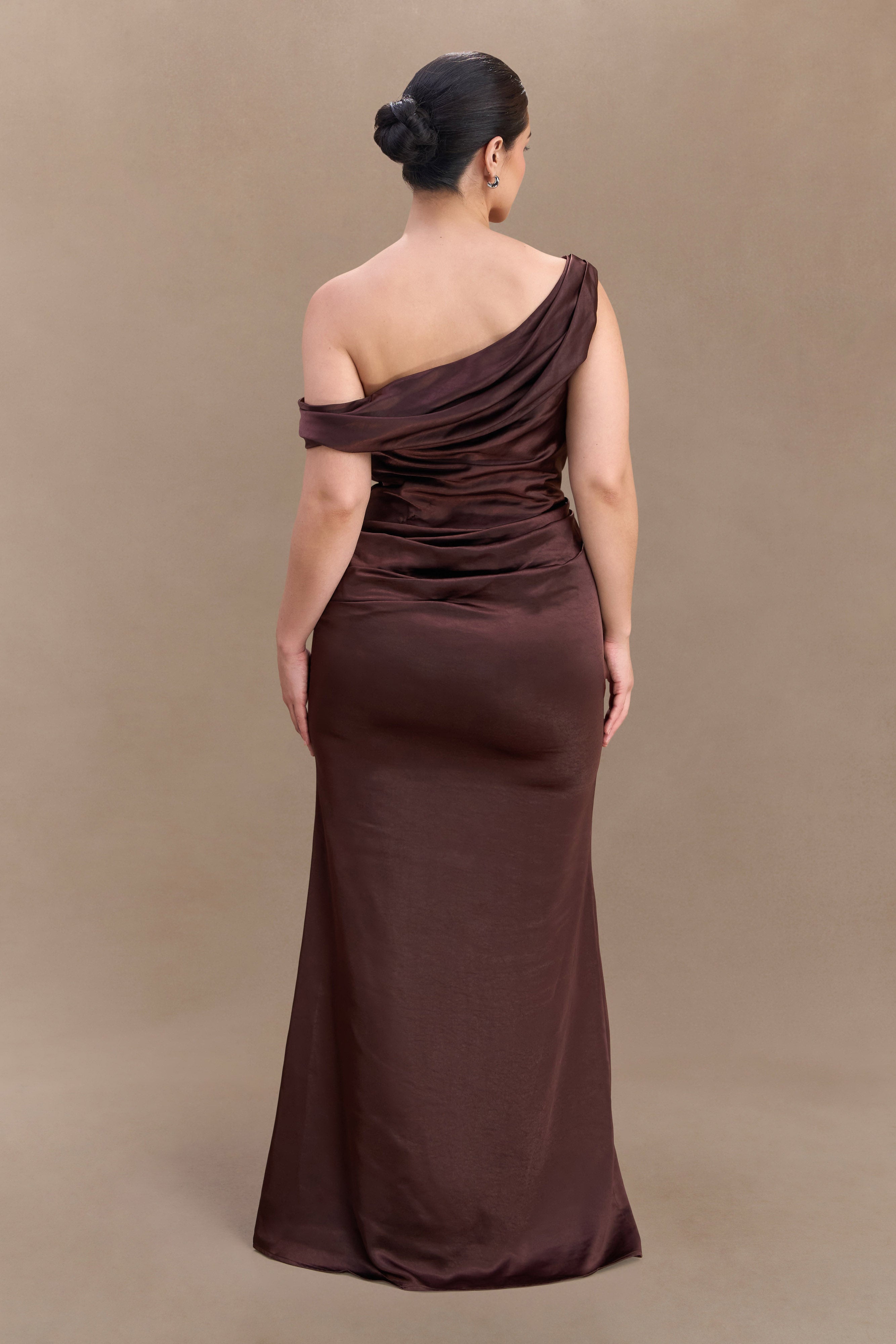 Dalia Off Shoulder Satin Maxi Dress - Dark Chocolate