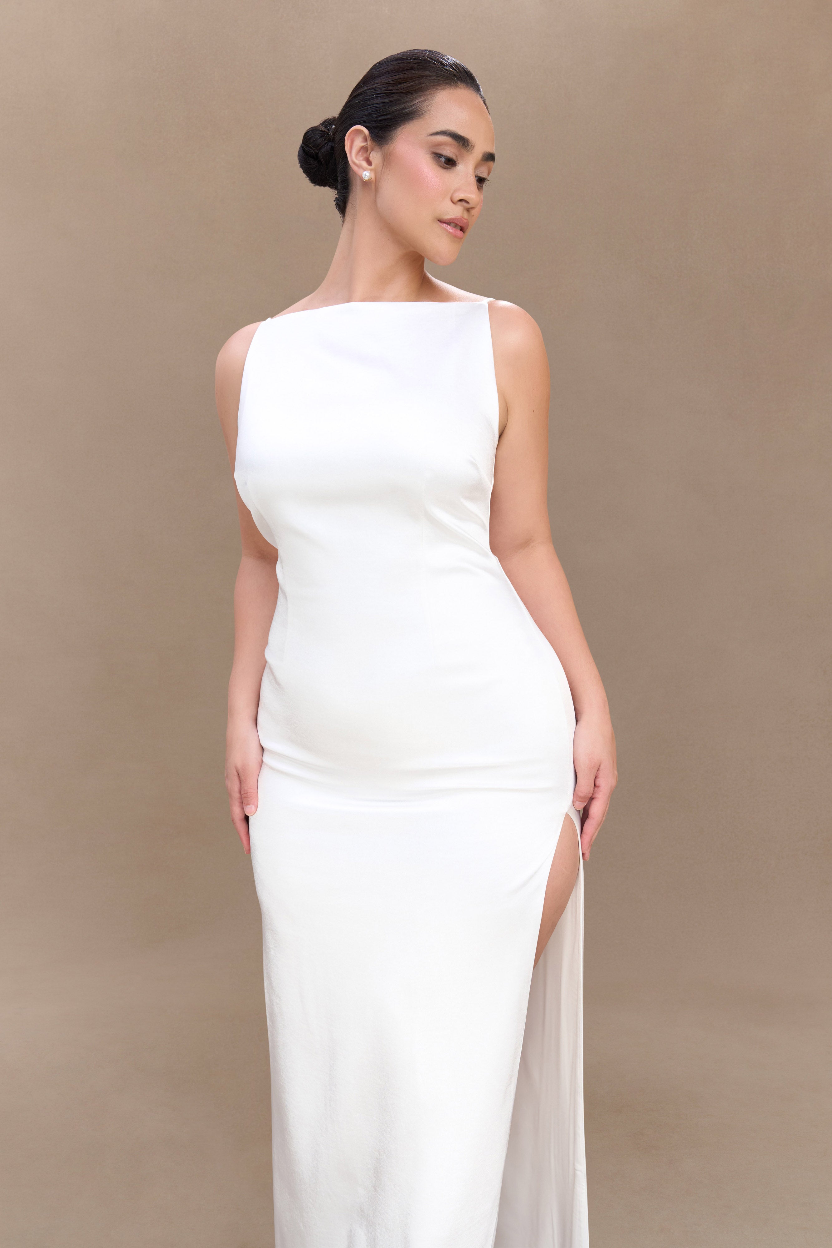 Violet Sleeveless Satin Maxi Dress - White