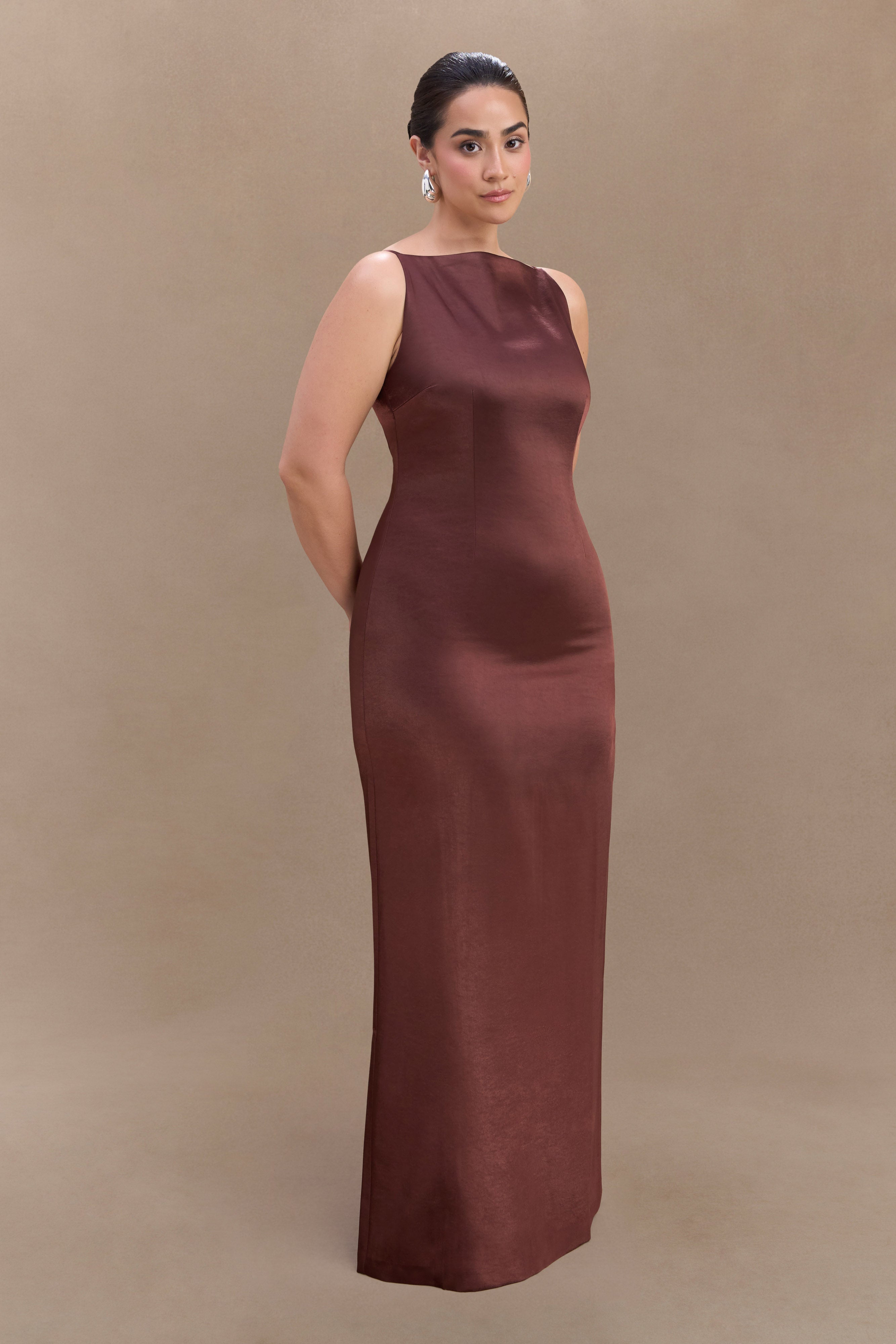 Violet Sleeveless Satin Maxi Dress - Dark Chocolate