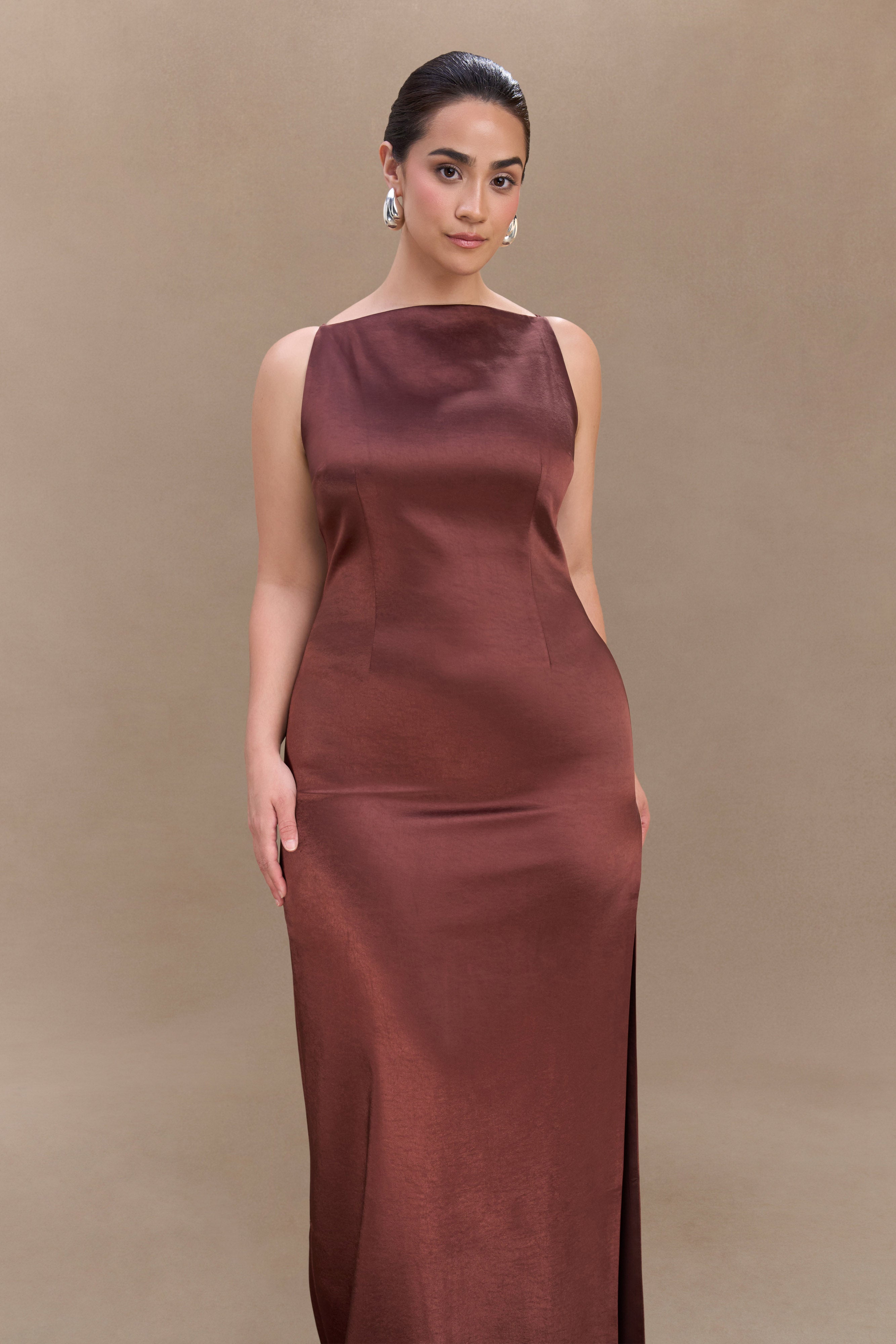 Violet Sleeveless Satin Maxi Dress - Dark Chocolate
