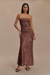 Claudette Strapless Satin Maxi Dress - Brown Polka Dot Print
