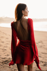 Davina Satin Long Sleeve Mini Dress - Red